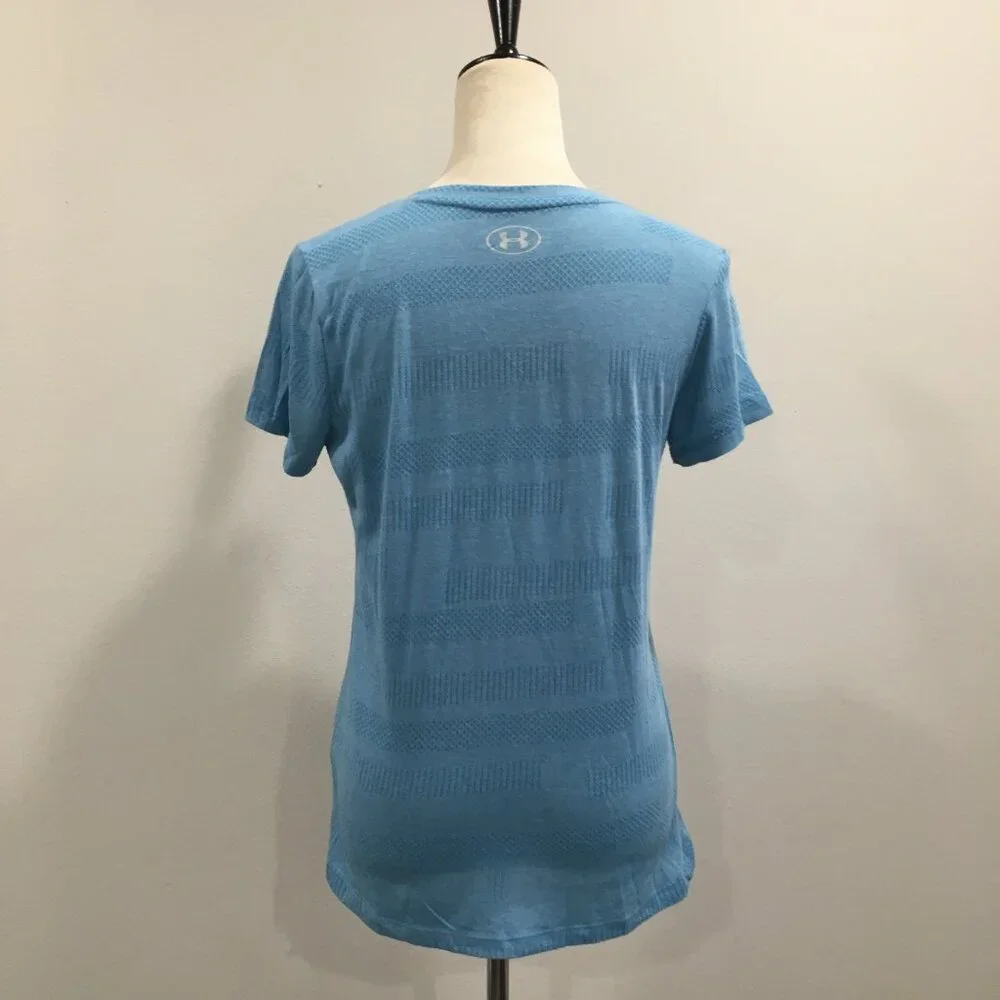 UNDER ARMOUR Short Sleeve Blue V Neck HeatGear Moisture Wick Stretch Shirt Top - Picture 7 of 8